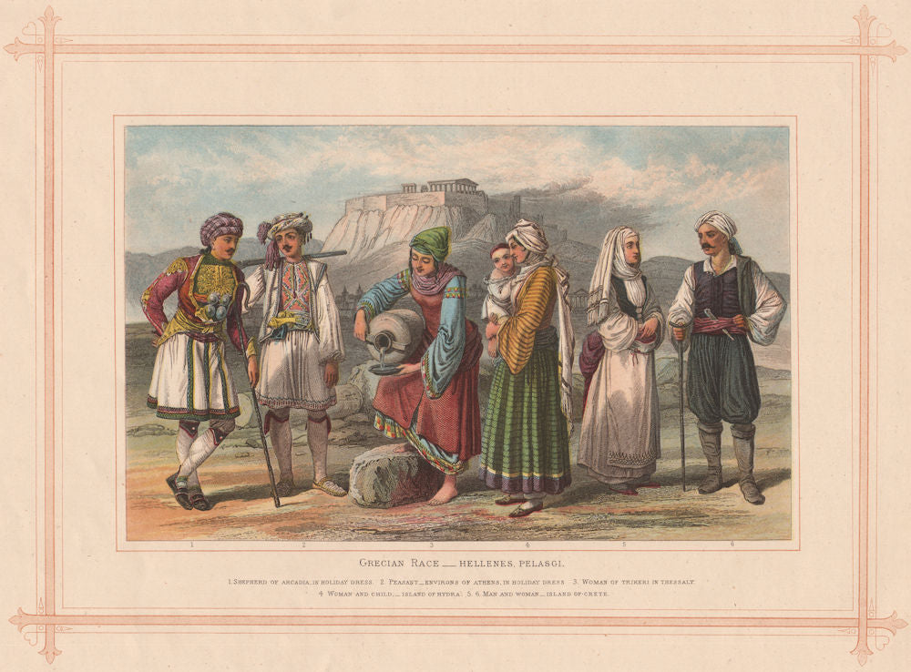 GREEK RACE. Hellenes. Pelasgi. Arcadia Athens Trikeri Hydra Crete 1882 print